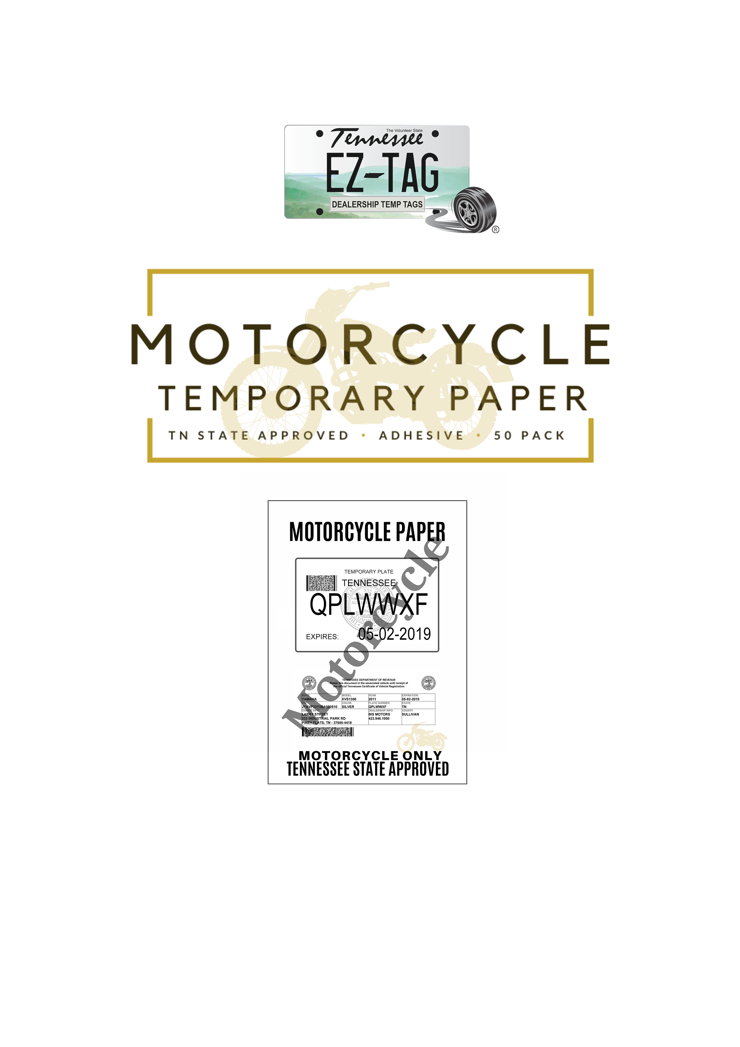 EZ Tag MOTORCYCLE Temporary Tag Paper (50 Pack)